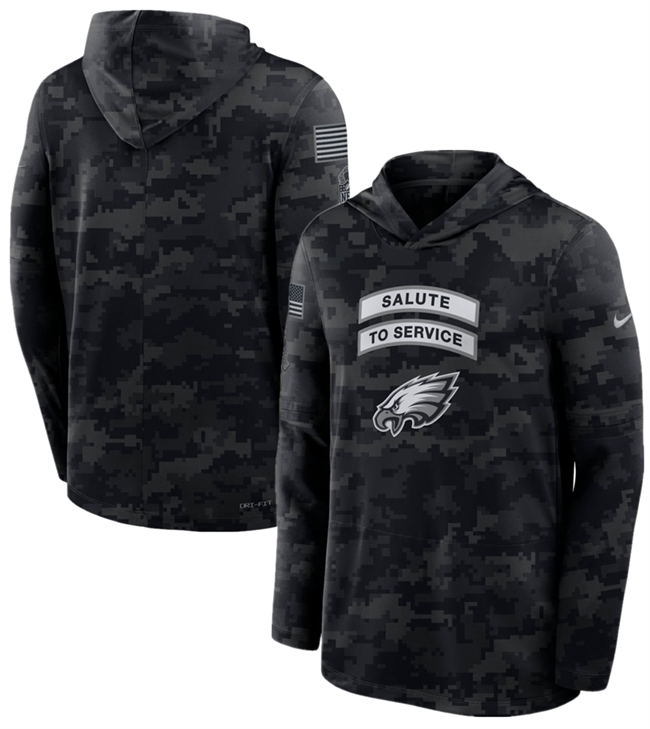 Men's Black Philadelphia Eagles 2026 Salute to Service Sideline Lightweight Hoodie Dri-FIT Long Sleeve Top